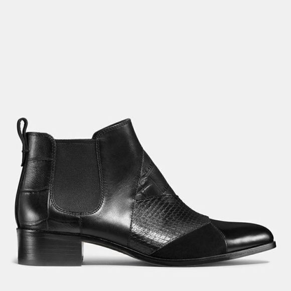 Coach Suffolk Patchwork Black Leather Chelsea Croc Snakeskin Booties  8.5M New - Picture 2 of 11